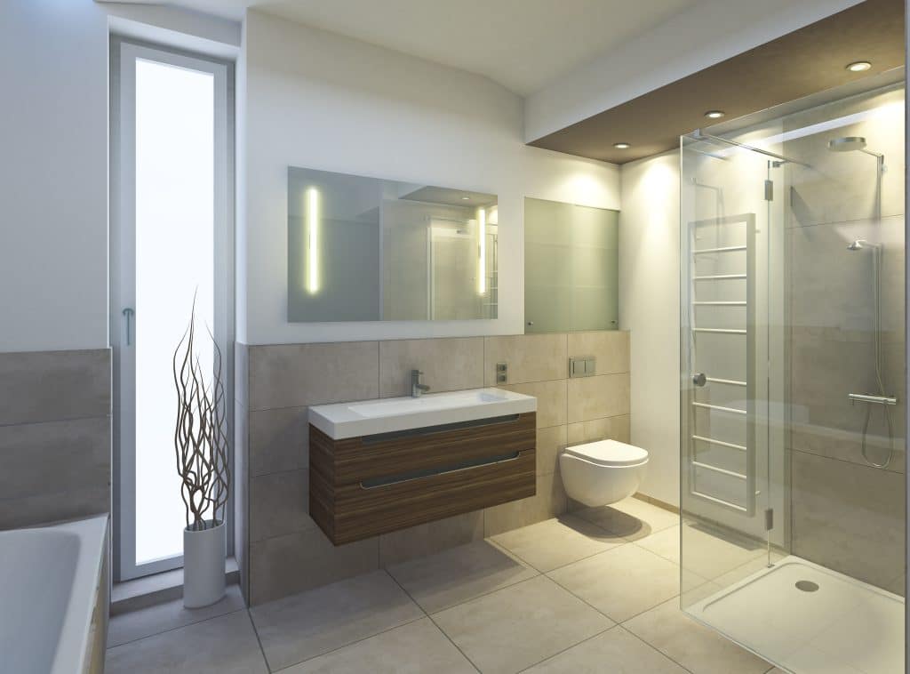 Badezimmer mit Naturstein. Waschbecken mit Toilette, Duschkabine und Badewanne.