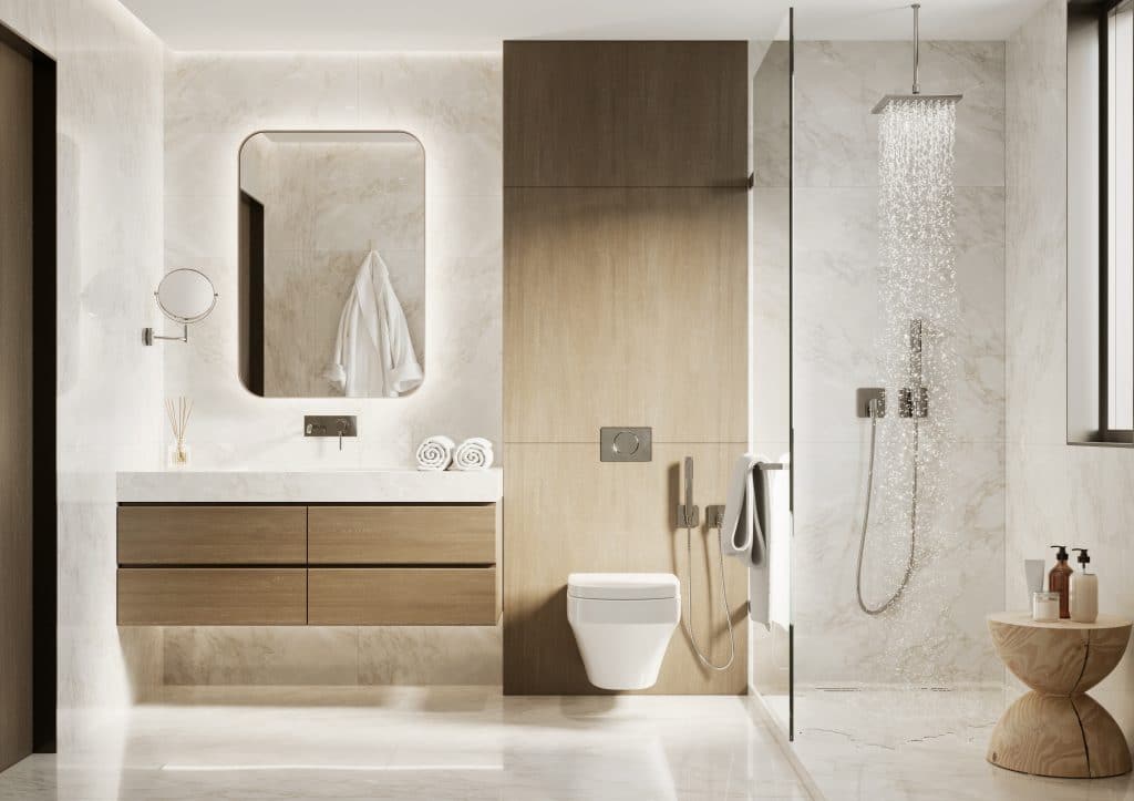 3d modernes Badezimmer mit Details aus Holz und weißem Marmor